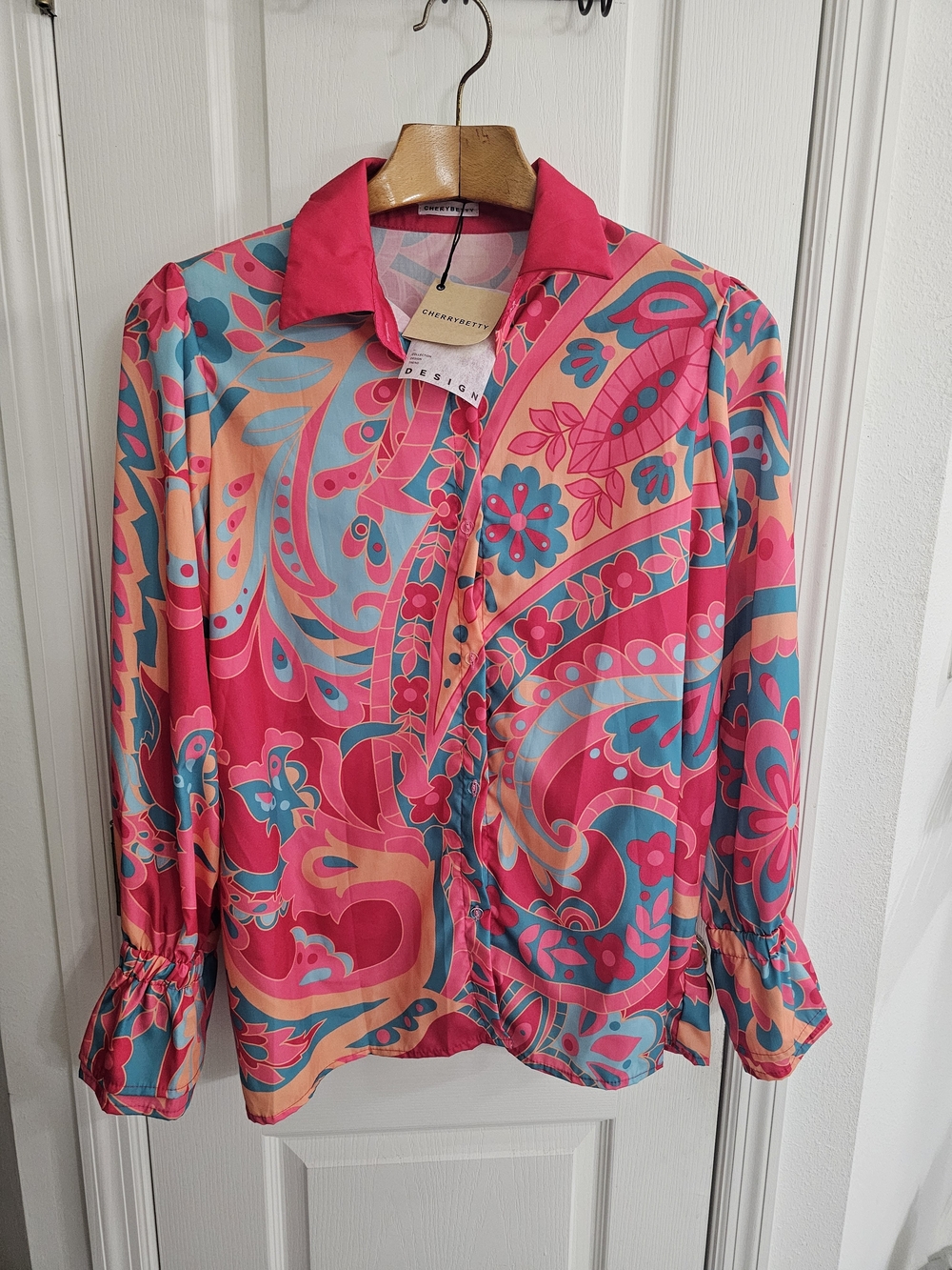 Paisley Button-Down Blouse in Bright Pink by Cherretté Design